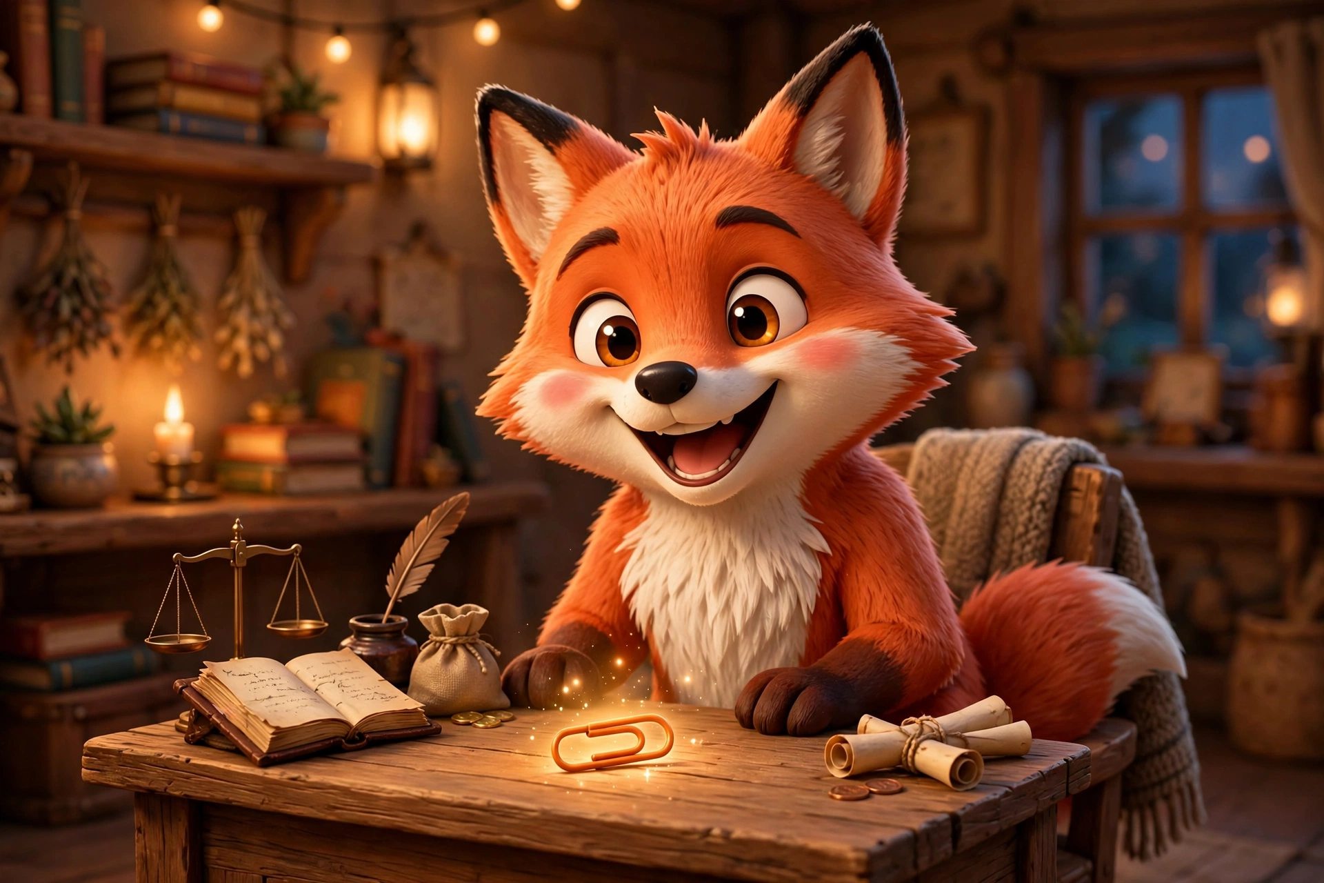 Illustration of Reaver: a red fox sitting at a wooden trading desk, admiring a glowing orange paperclip