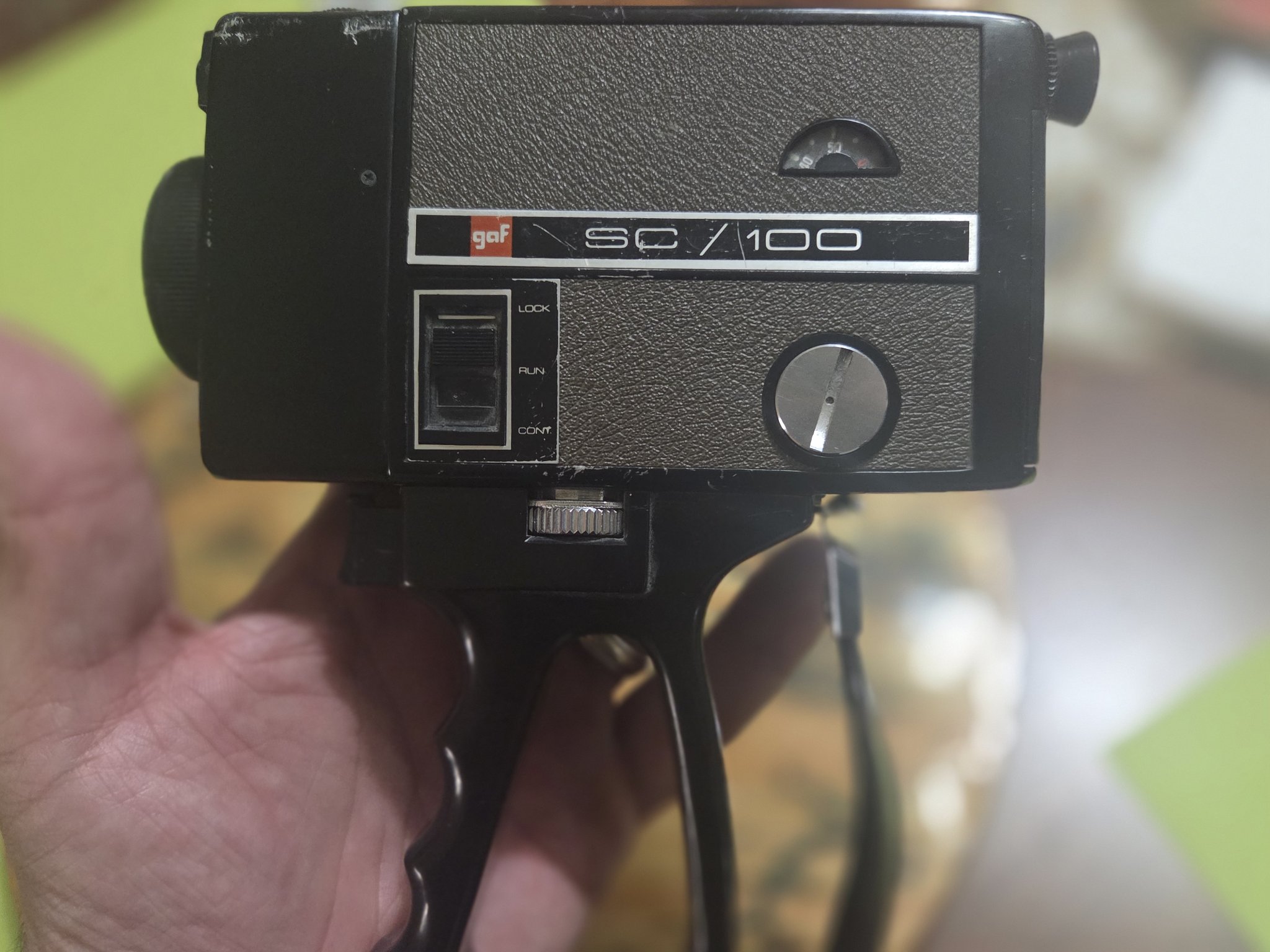 Front-quarter view of the vintage GAF SC/100 Super 8 movie camera received in Trade 2